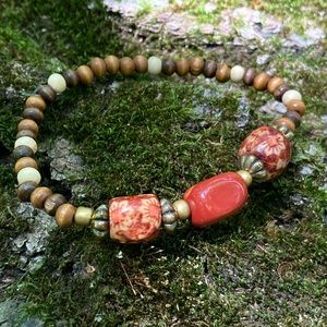 Handmade Wood Bead Bracelet With Red Jasper